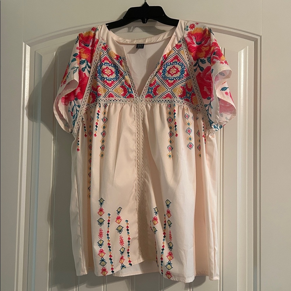 SHEIN Pink Blouse with Floral Embroidery